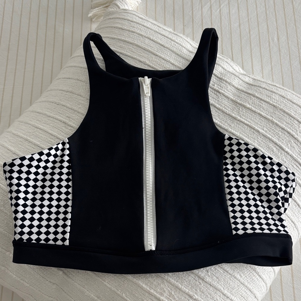Chic Black and White Checkered Sports Bra Top.